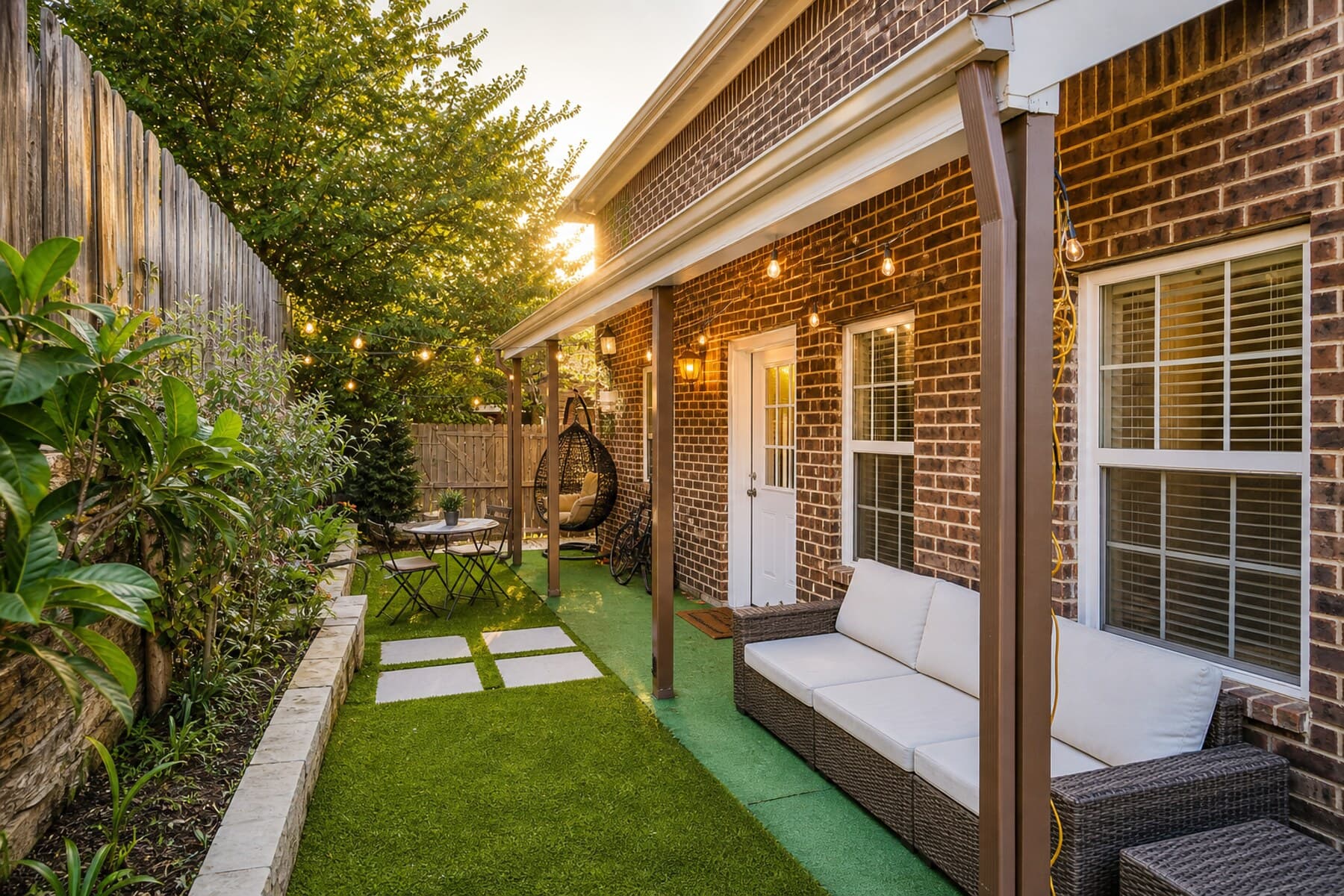 Covered patio with outdoor seating and string lights, prepared for a managed furnished stay.